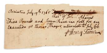 ADAMS, JOHN. Two Autograph Documents Signed, in the third person within the text, receipts, each concerning payment for services in var